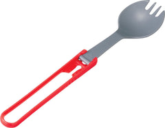 MSR folding camping spork closed in red, ideal for compact backpacking meals