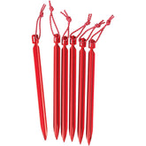 MSR Groundhog Mini stake kit with six red 6-inch stakes for secure campsite setup.