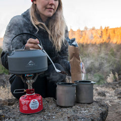 MSR Pika teapot with precise-pour spout enables controlled water flow.