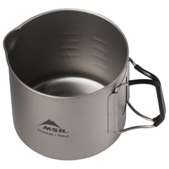 MSR Titan kettle silicone-handles folded for compact packing and comfort.