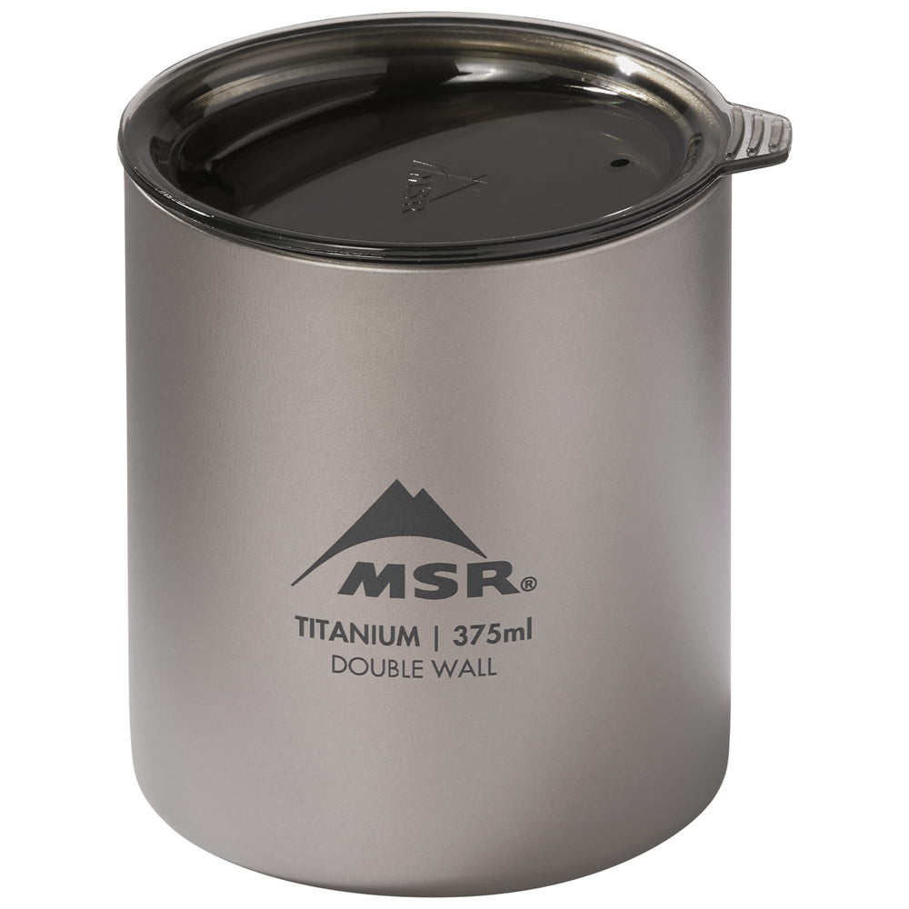 MSR Titan ultralight camp mug with lid in top view highlights compact backcountry coffee cup.