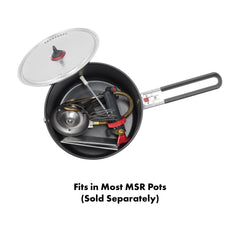 MSR WhisperLite International shown with stainless steel legs for stable, lightweight cooking.