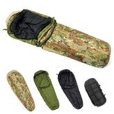 MT Army sleeping bag system with bivy cover protects against wind and rain in rugged outdoor settings.