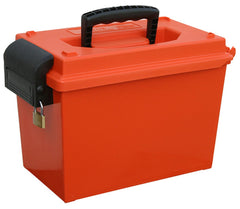 MTM Sportsmen's Dry Box orange front view keeps gear dry and protected outdoors.
