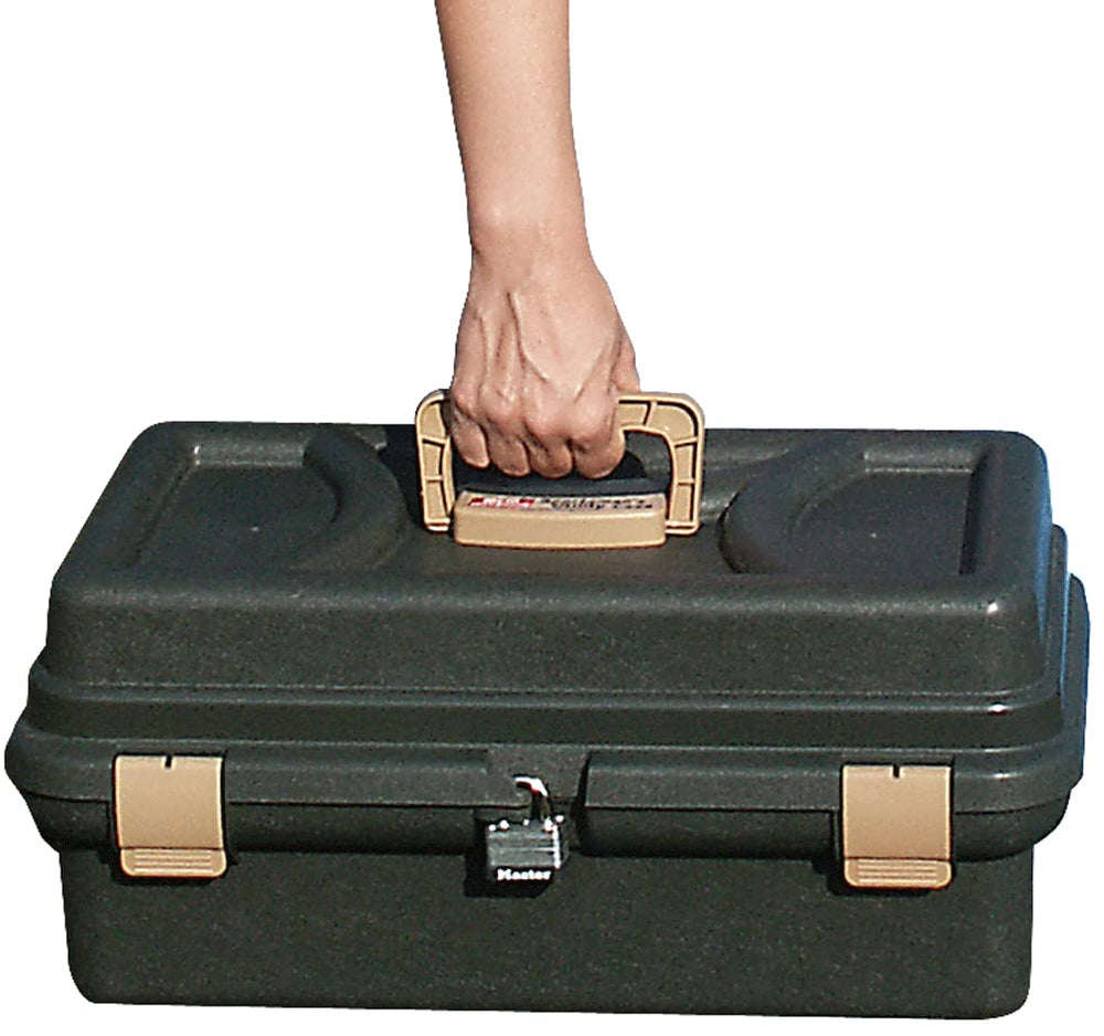 MTM SU4-11 Sportsmen's Utility Case front view with sturdy handle in forest green.
