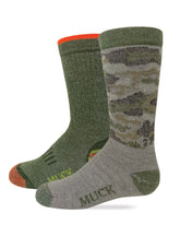 MUCK youth boot socks in olive camo top provide secure fit for outdoor play