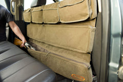 Mud River truck seat organizer shows four top pockets for gear organization