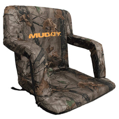 MUDDY Deluxe Stadium Bucket Chair in use, attached to a bucket for comfortable field seating.