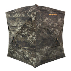 Muddy Prevue Evo ground blind front view in Canyon Gray with silent panoramic windows