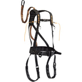 Muddy Safeguard safety harness on tree stand showing full-body fit
