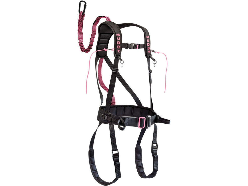 MUDDY Women's Safeguard harness showing clip and buckle for quick, secure tree stand setup