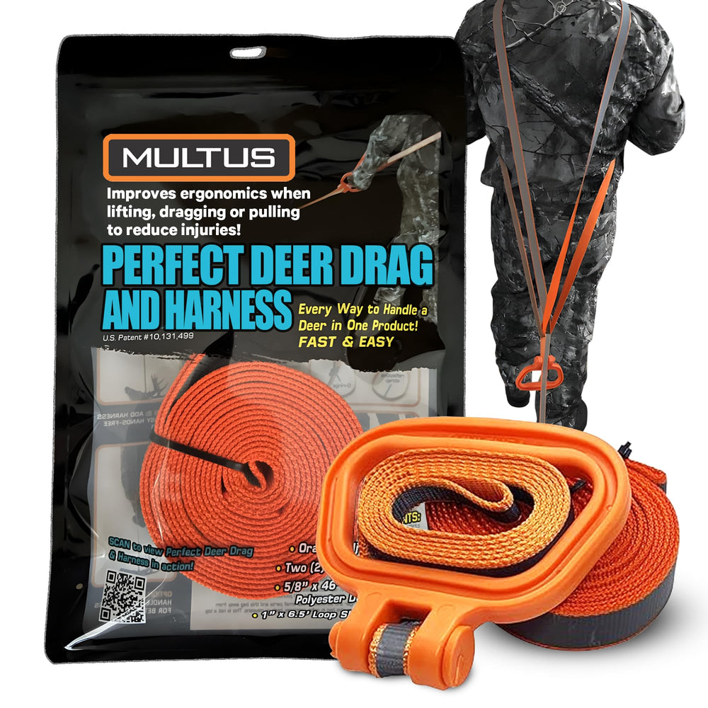 MULTUS Deer Drag ergonomic handle enables comfortable one-handed lifting during field retrieval.
