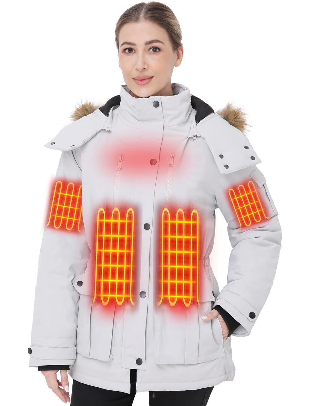 Muroly heated jacket shows six heat zones delivering core warmth for snowy days.