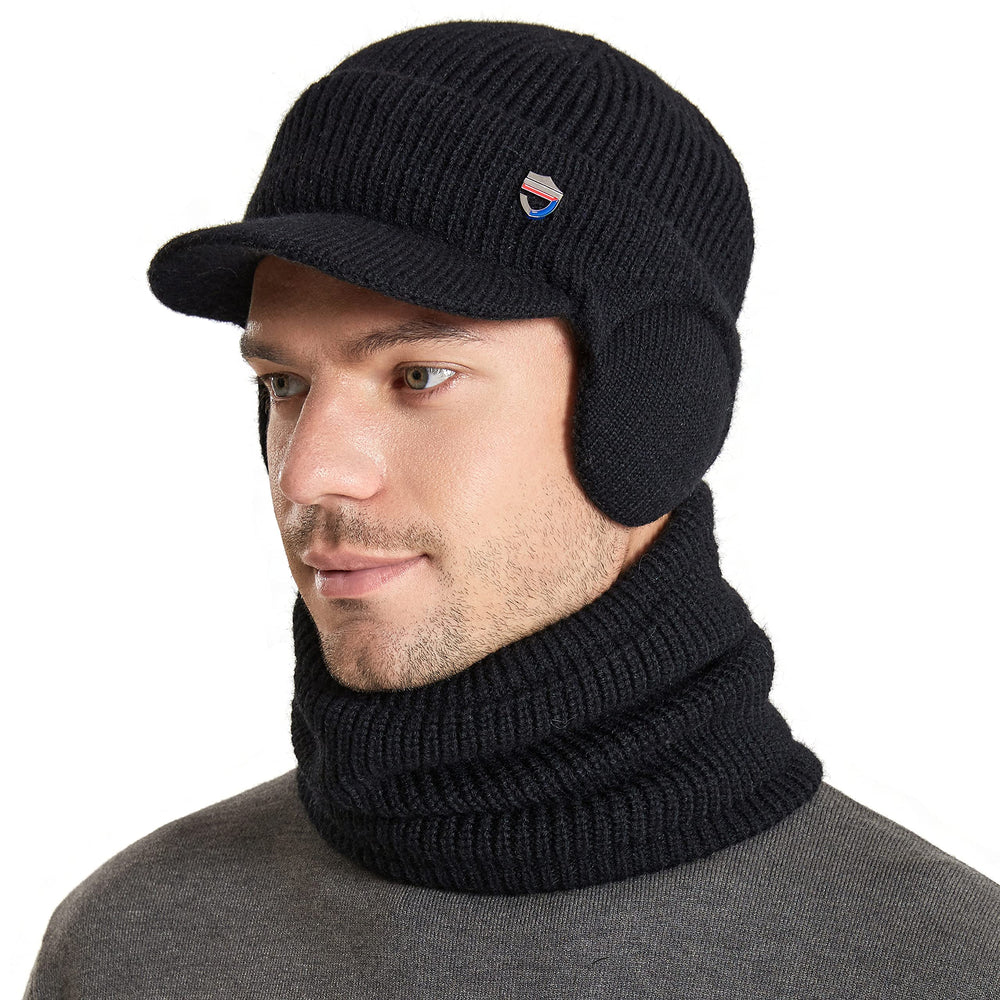 Muryobao men's winter visor beanie hat with curved visor protects eyes from wind and snow.