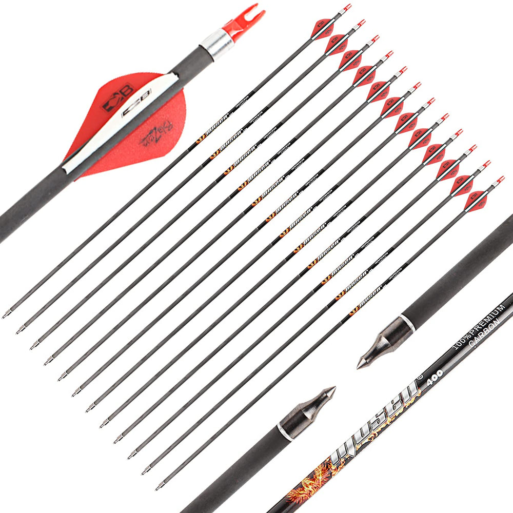 Musen Pure Carbon 30-inch arrows pack12 setup for hunting and target practice with durable flight