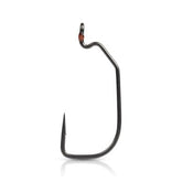 Mustad AlphaPoint Assault hook closeup shows durable black nickel finish and strong weld for reliability.