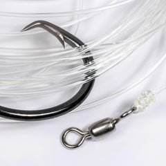 Mustad BlacktipH live bait rig 60lb fluorocarbon leader delivers low visibility and abrasion resistance.