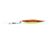 Mustad Daggerman Jig 200g side view highlighting orange-gold color and build for aggressive predator jigging.