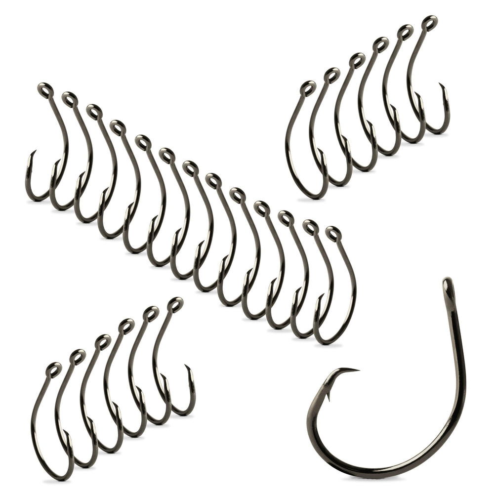 Mustad Demon offset circle hooks 5/0 black nickel pack of 25 for reliable hookups.