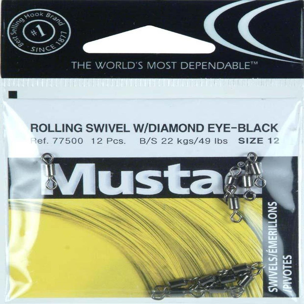 Mustad Diamond Eye Swivel 12-pack size 12; prevents knot slippage and improves line rotation