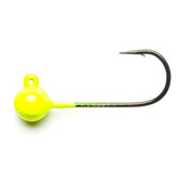 Mustad jig head UV Chartreuse 1/4oz close-up showing precision hooks for confident casts