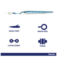 Mustad Moon Riser Jig 200g Blue Red Chrome side profile showing slim design