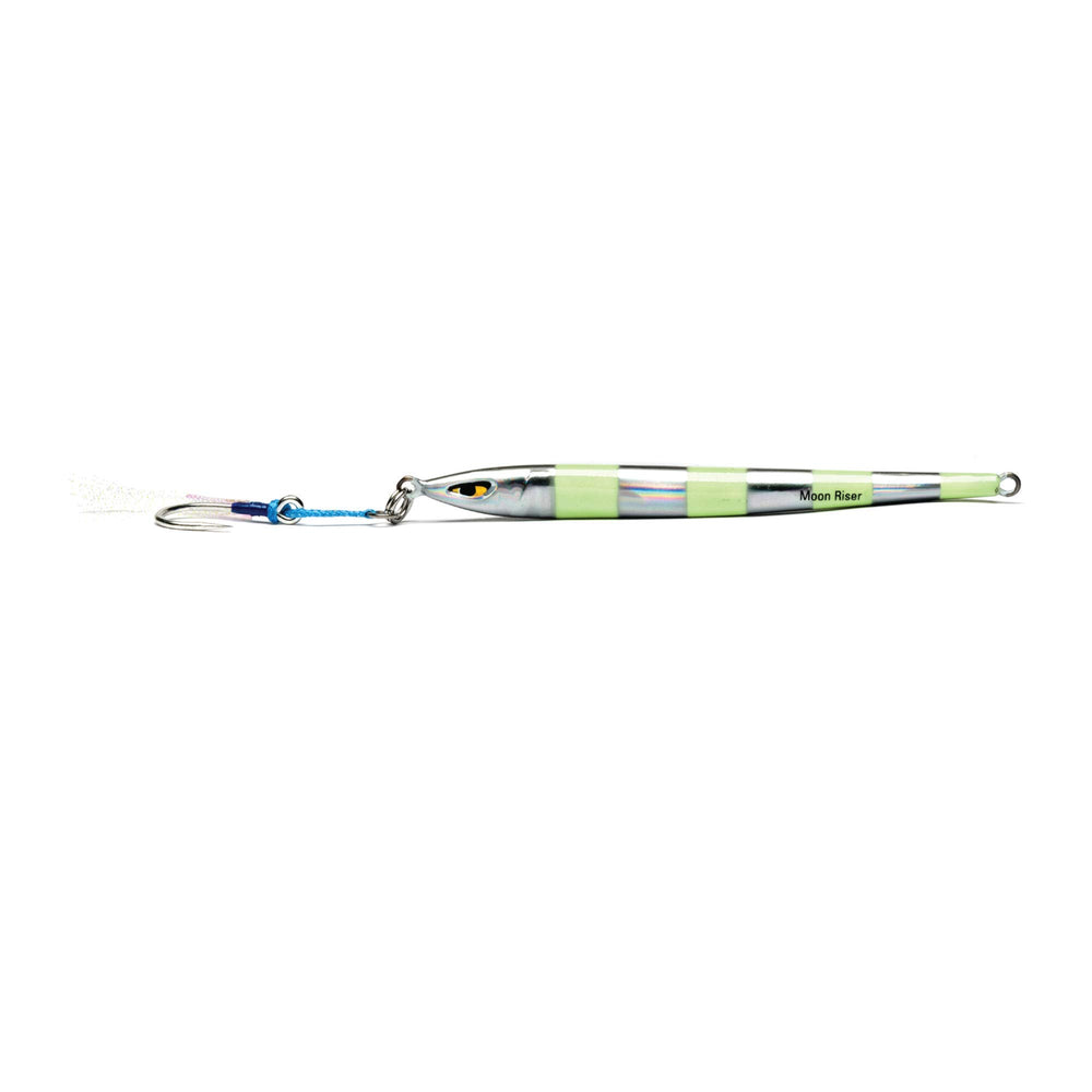 Mustad Moon Riser Jig front view showcases sleek, front-weighted design for precise tuna jigging.
