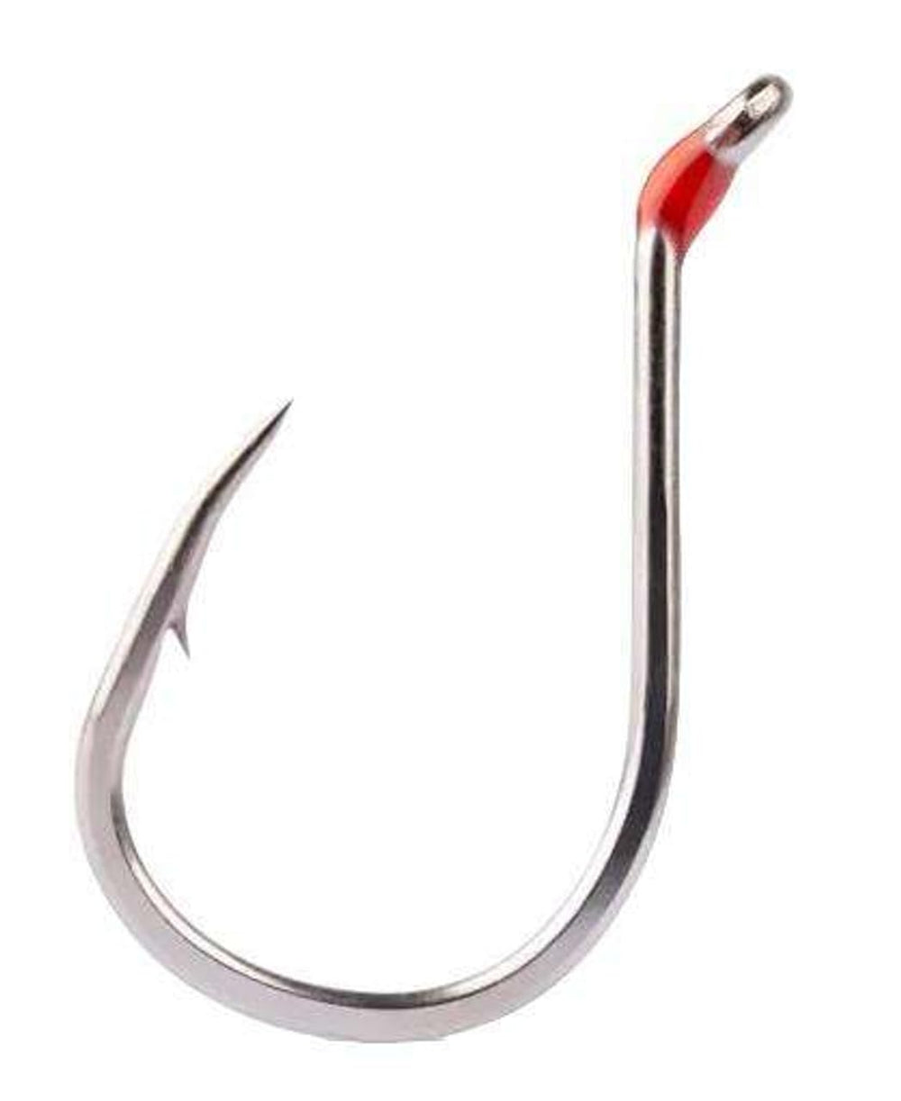 Mustad Notorious 10024AP-TS-1-0-7A hook showing sharp AlphaPoint needle point for reliable saltwater fishing.