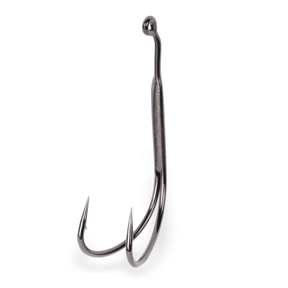 Mustad Plastic 1X Frog Double hook with 28° wide gap for weedless topwater bass fishing.