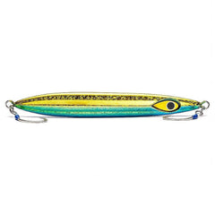 Mustad Rip Roller Glitter jig side angle emphasizes lure profile for pelagic targets