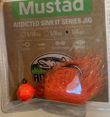 Mustad Sink It Series Jig in UV orange, ideal for enticing salmon, steelhead, and trout.