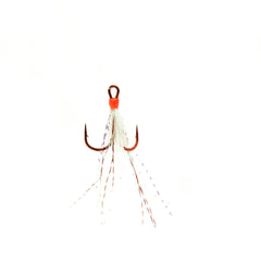 Mustad Ultra Point dressed round bend treble hook with red hook and white feathers for enhanced lure action.