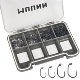 MUUNN 400Pcs barbless fly hooks in a box for quick on-water prep.