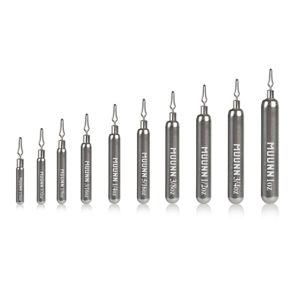 MUUNN tungsten skinny drop shot weights with 360° clip-eye for fast, snag-free setup.