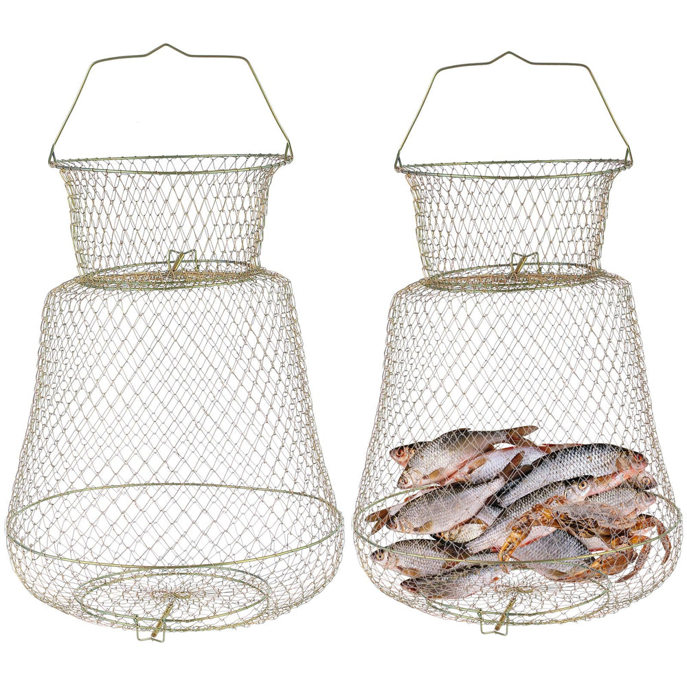 MYFULLY collapsible steel wire fishing basket 2 pack on a dock