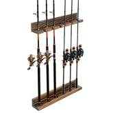Six-slot wall-mounted fishing pole hanger in burnt brown solid wood