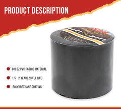 Mytee Products waterproof tarp tape adheres securely to black vinyl for outdoor sealing.