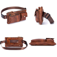 Myunxui leather waist bag side view showing slim silhouette and adjustable strap.