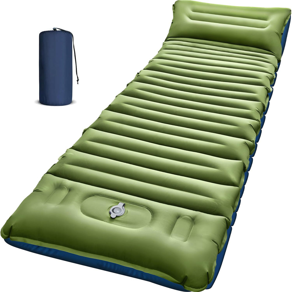 Myxslop camping sleeping pad inflated shows 5-inch thickness for base comfort on uneven ground