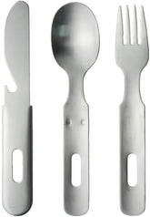 Nagao Tsubamesanjo camping spoon in matte brushed stainless steel for outdoor meals.