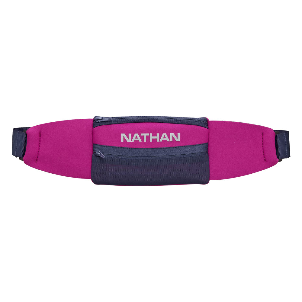 Nathan 5K Belt Magenta Estate Blue front view showing snug fit and reflectivity