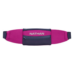 Nathan 5K Belt Magenta Estate Blue front view showing snug fit and reflectivity