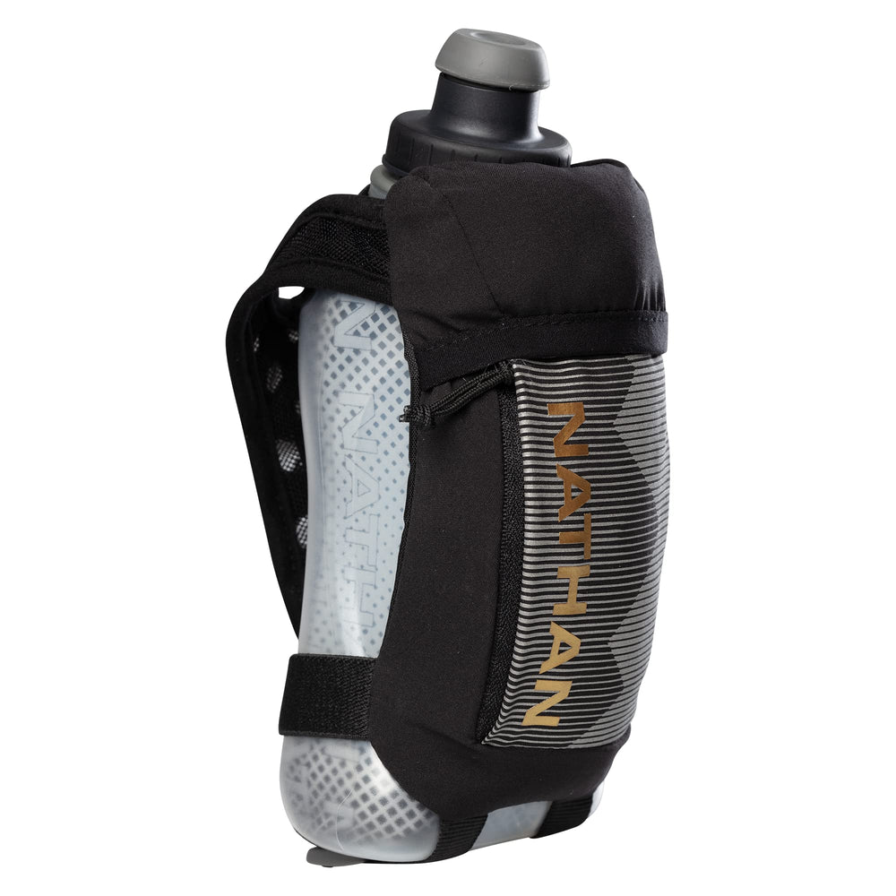 Nathan Running Handheld strap closeup demonstrates adjustable grip-free hydration for on-the-go runs.