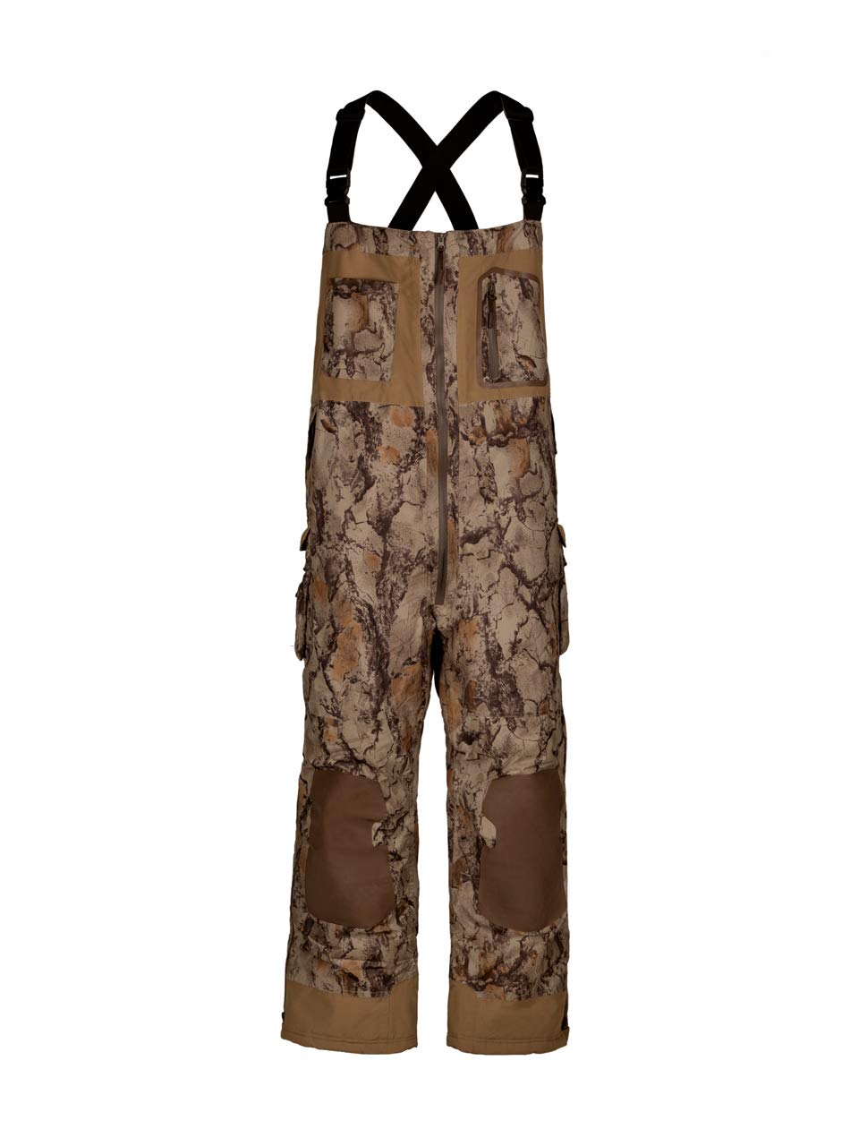 Natural Gear duck hunting bib overall front view showing camouflage and insulation
