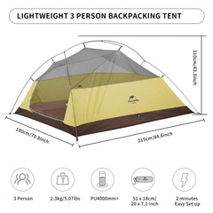 Naturehike Cloud-Up 3-Person tent interior space provides comfortable room for three campers.