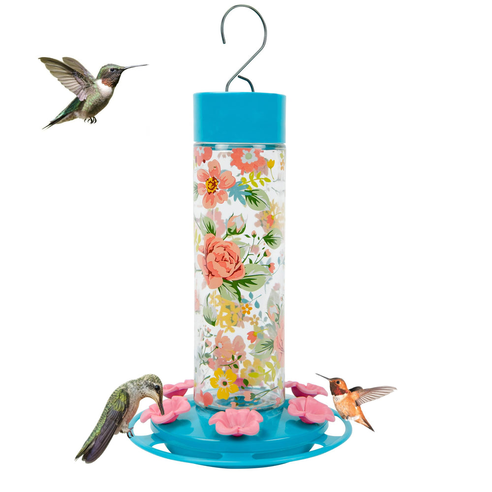 Nature's Way DGHF2 Charming Peony Glass Hummingbird Feeder with inviting floral aesthetics for garden birds.