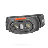 NEBO Einstein headlamp tilt-angle demonstrates adjustable focus for hands-free trail visibility.