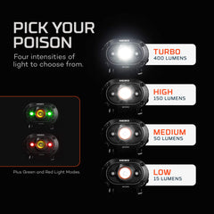 NEBO MYCRO 400 cap light clipped to a hat for hands-free use.