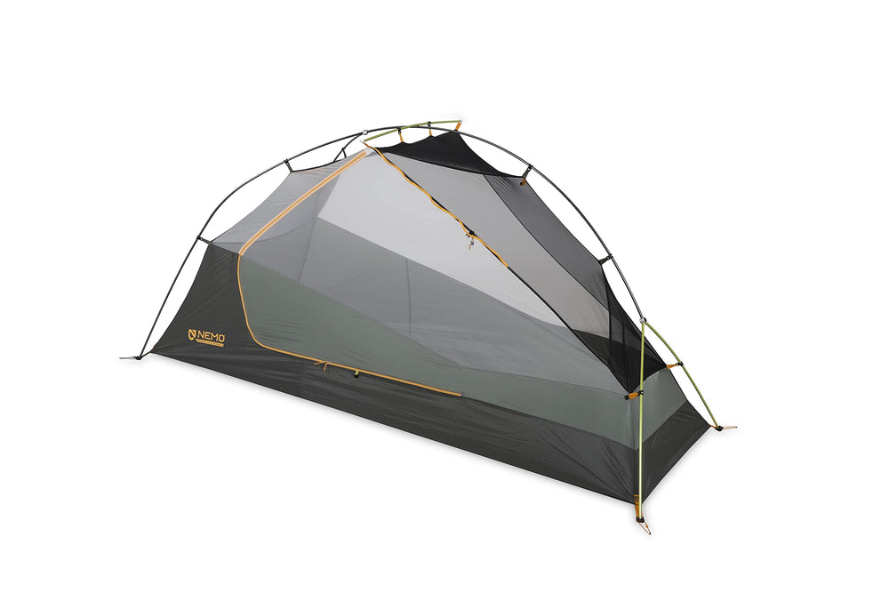 Nemo Dragonfly OSMO tent front view highlighting stealth color and compact bikepacking profile.