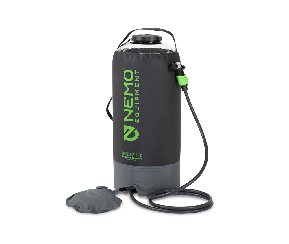 Nemo Helio portable shower on the ground for easy backcountry setup.